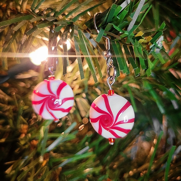 Red Minty Glass & Stainless Steel Earrings, Hand Crafted! - Picture 4 of 4